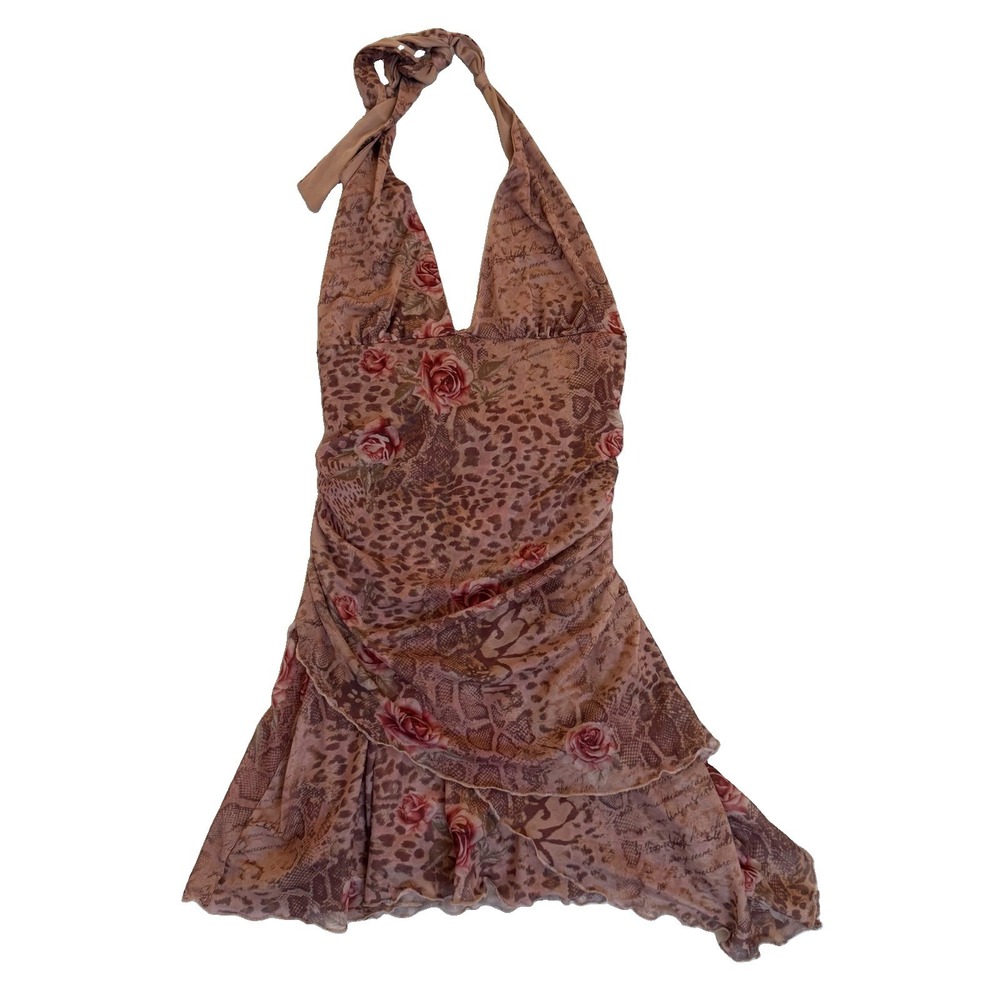Y2K Fairy Babydoll Halter Mini Dress S Brown  Asymmetrical Clubwear Cheeta Prin